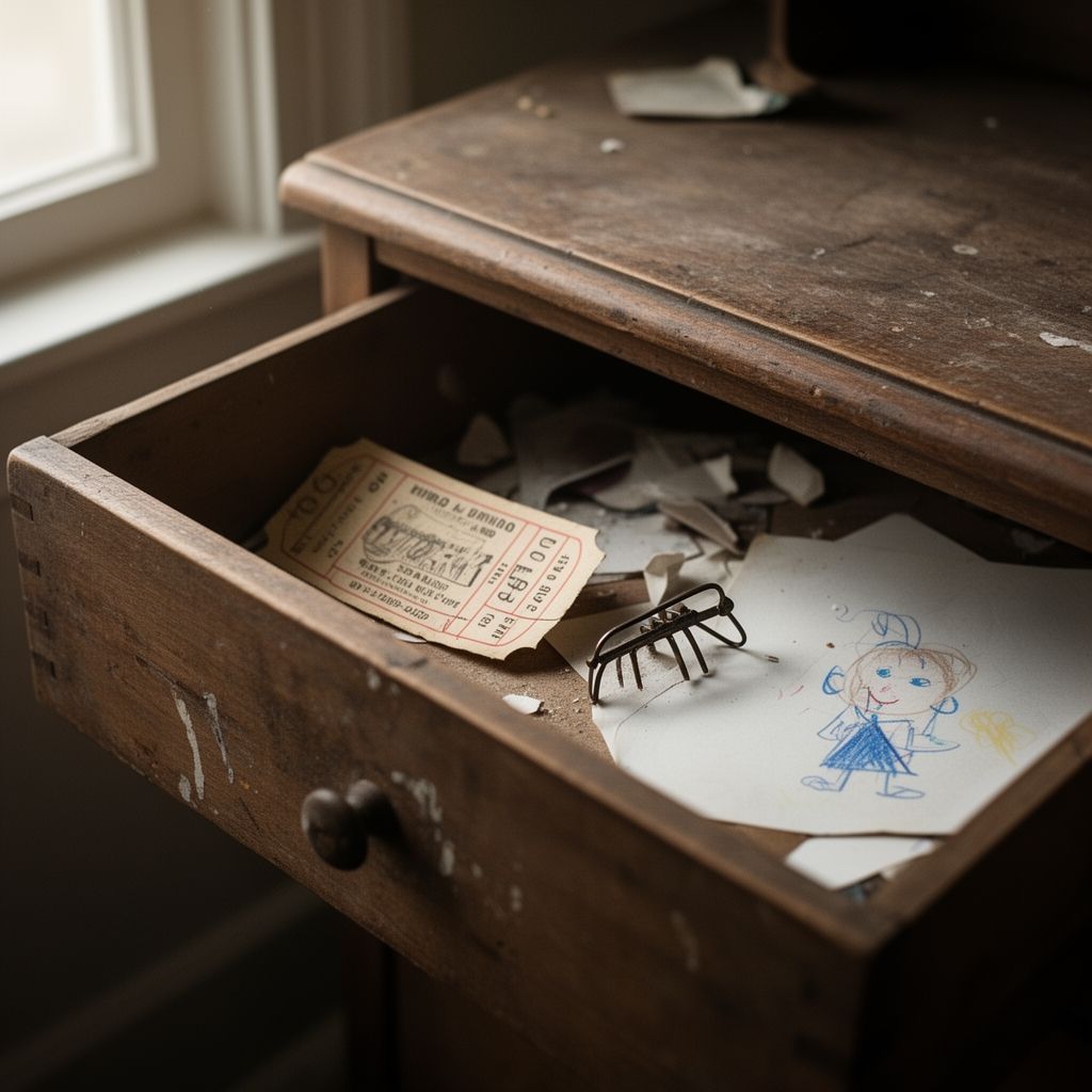 The Weight of What We Leave Behind: On Learning to Let Some Memories Disappear - A weathered wooden drawer partially open, revealing scattered objects—a faded movie ticket, a broken hair clip, a child's drawing—photographed with soft natural window light and shallow depth of field