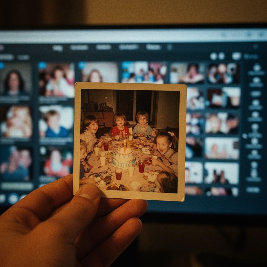 The Weight of What We Leave Behind: On Learning to Let Some Memories Disappear - A hand holding a vintage photograph against a blurred background of digital screens, the photograph showing a child's birthday party while the screens display endless photo thumbnails, shot with cinematic color grading and film grain texture
