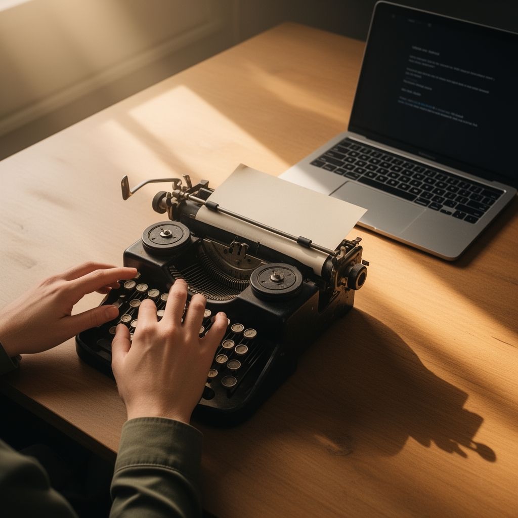 The Weight of What We Leave Behind: On Learning to Let Some Memories Disappear - An overhead view of hands typing on a vintage typewriter with a modern laptop nearby, soft morning light creating long shadows, suggesting the bridge between analog and digital communication