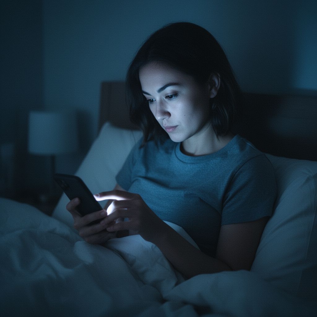 A woman alone at night scrolling through her phone contacts with a pensive expression
