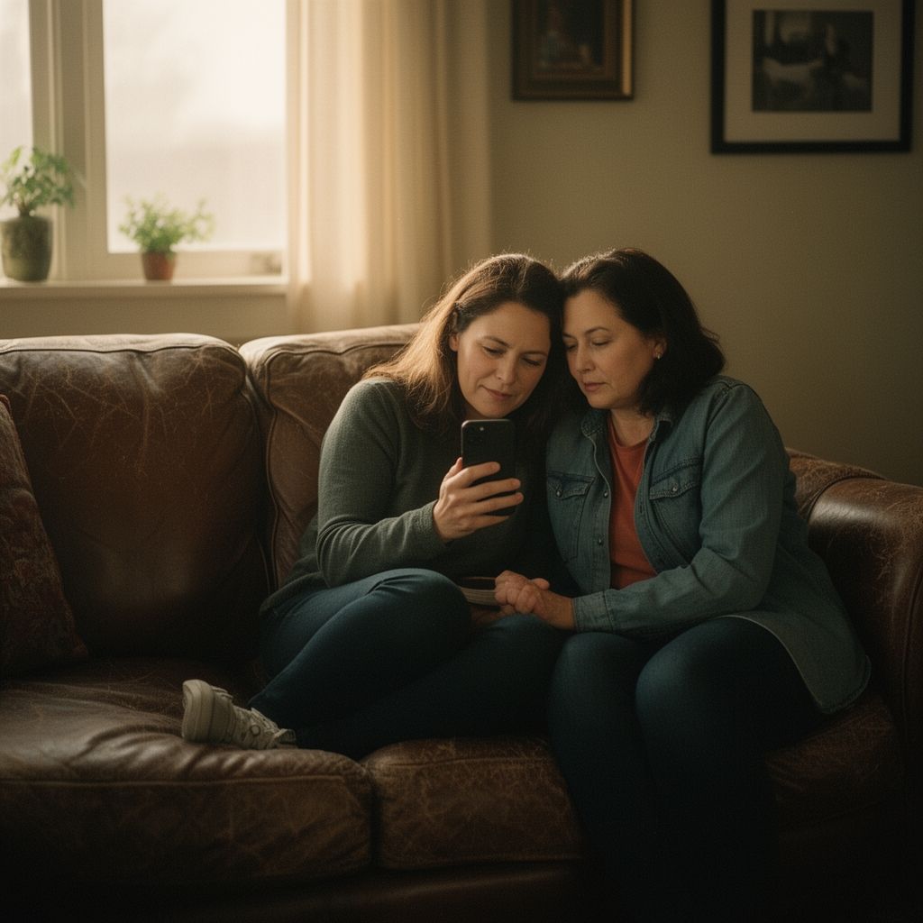 Two people sitting close together on a couch, one showing the other something on a phone screen