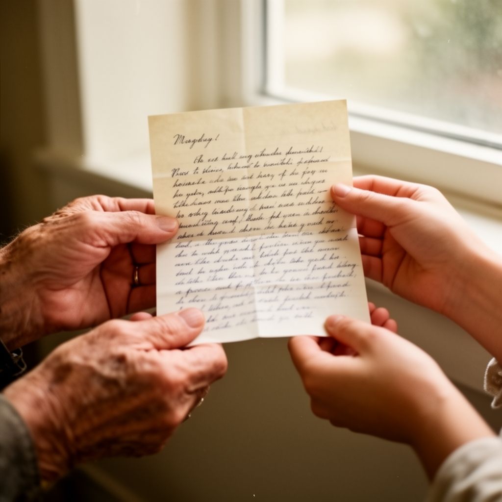 Hands of two people of different ages holding a handwritten letter together