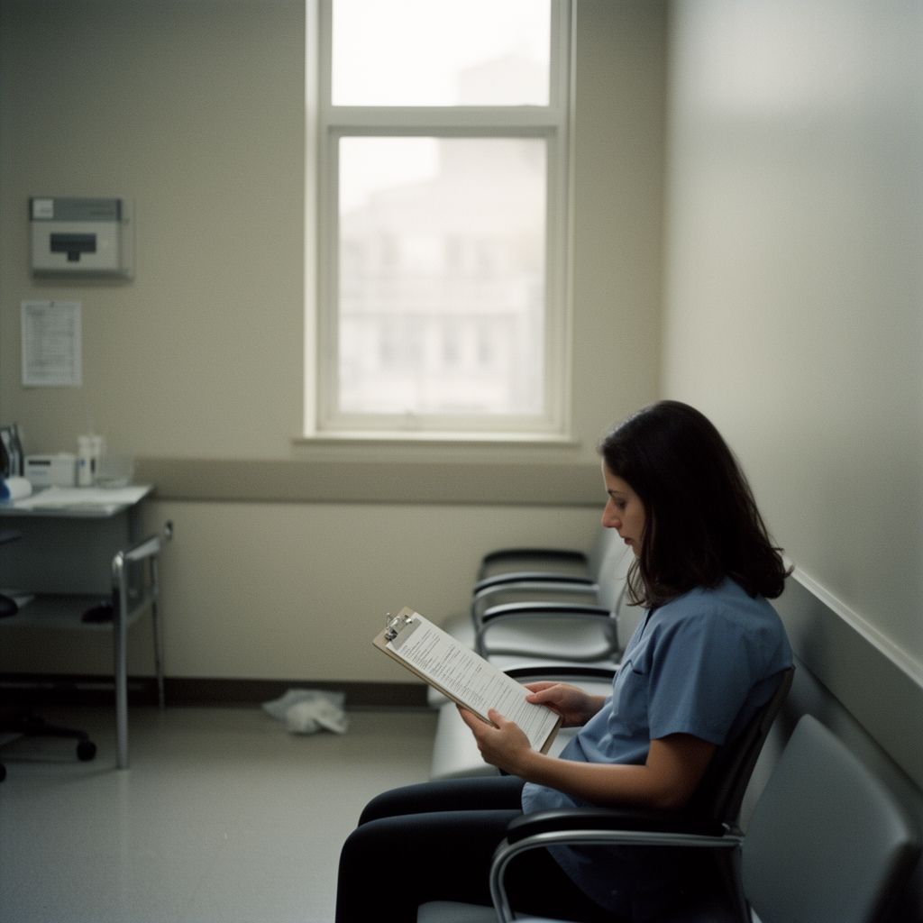 A person sitting alone in a sterile doctor's office waiting room