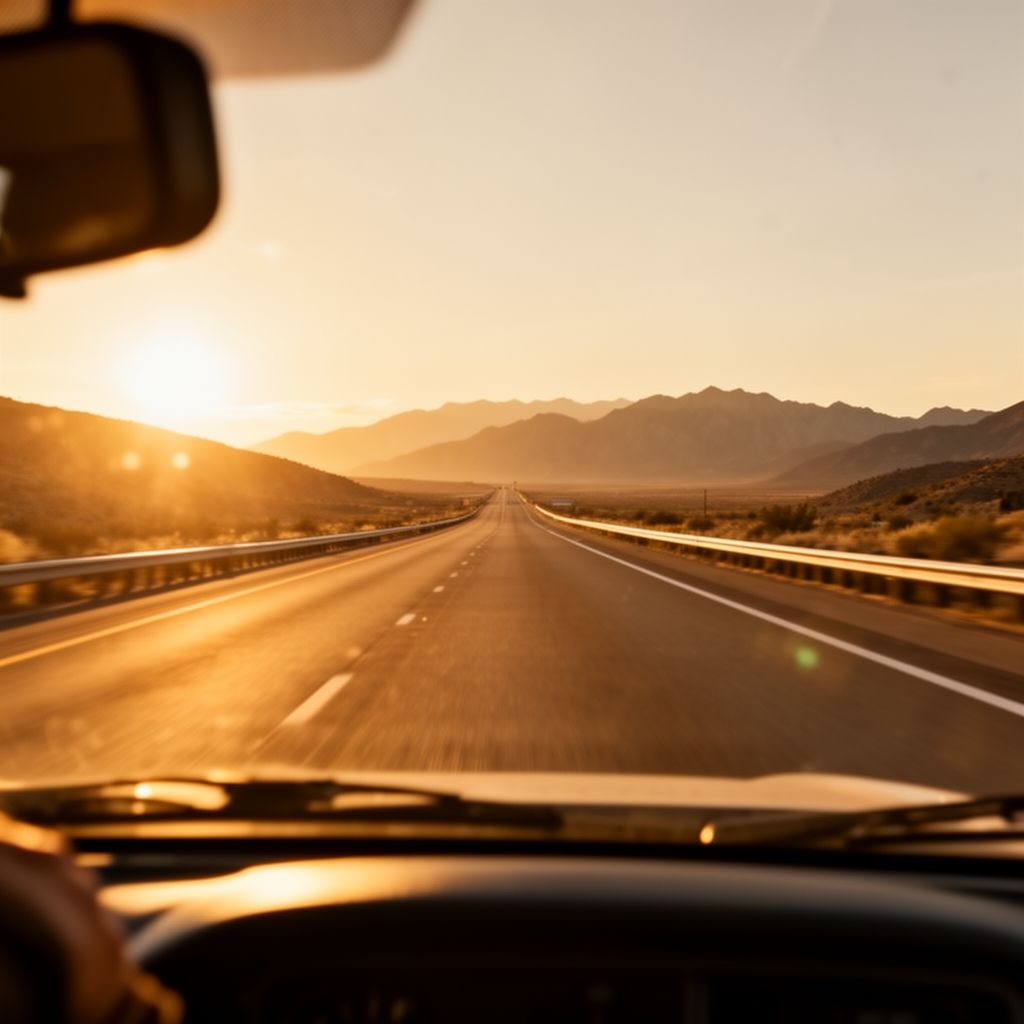 An empty highway stretching toward distant mountains at golden hour