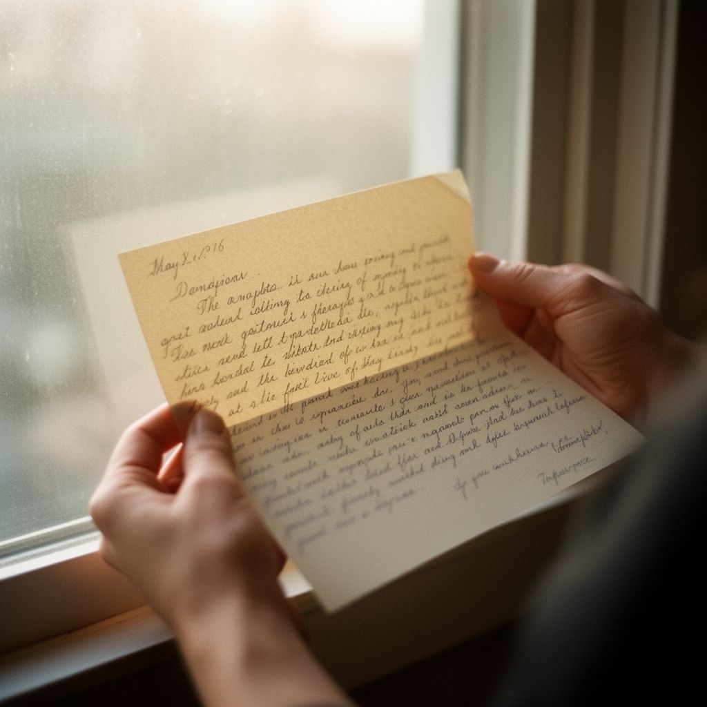 Hands holding a handwritten letter against a window with soft morning light