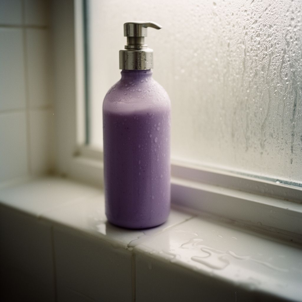 A half-used lavender shampoo bottle on a shower ledge with water droplets
