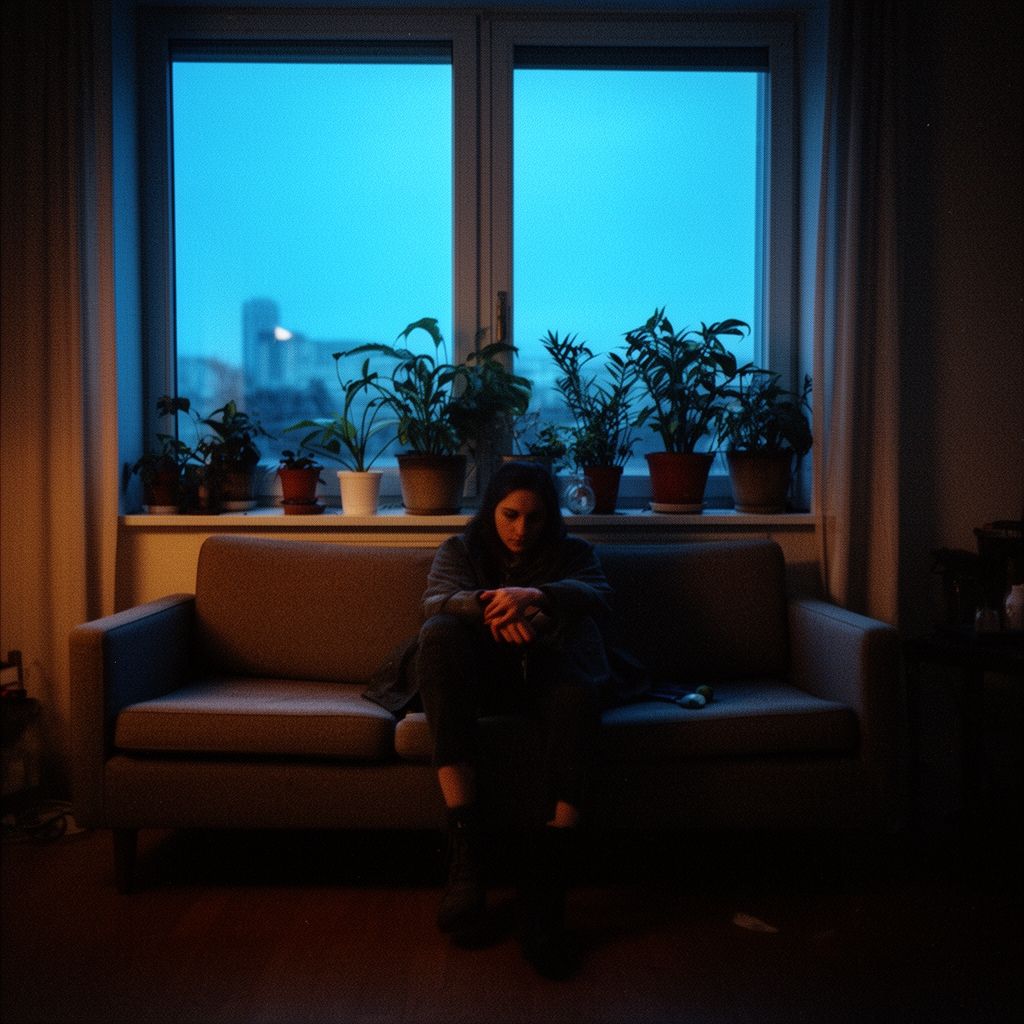 A single person sitting on a sofa in a dimly lit apartment with plants