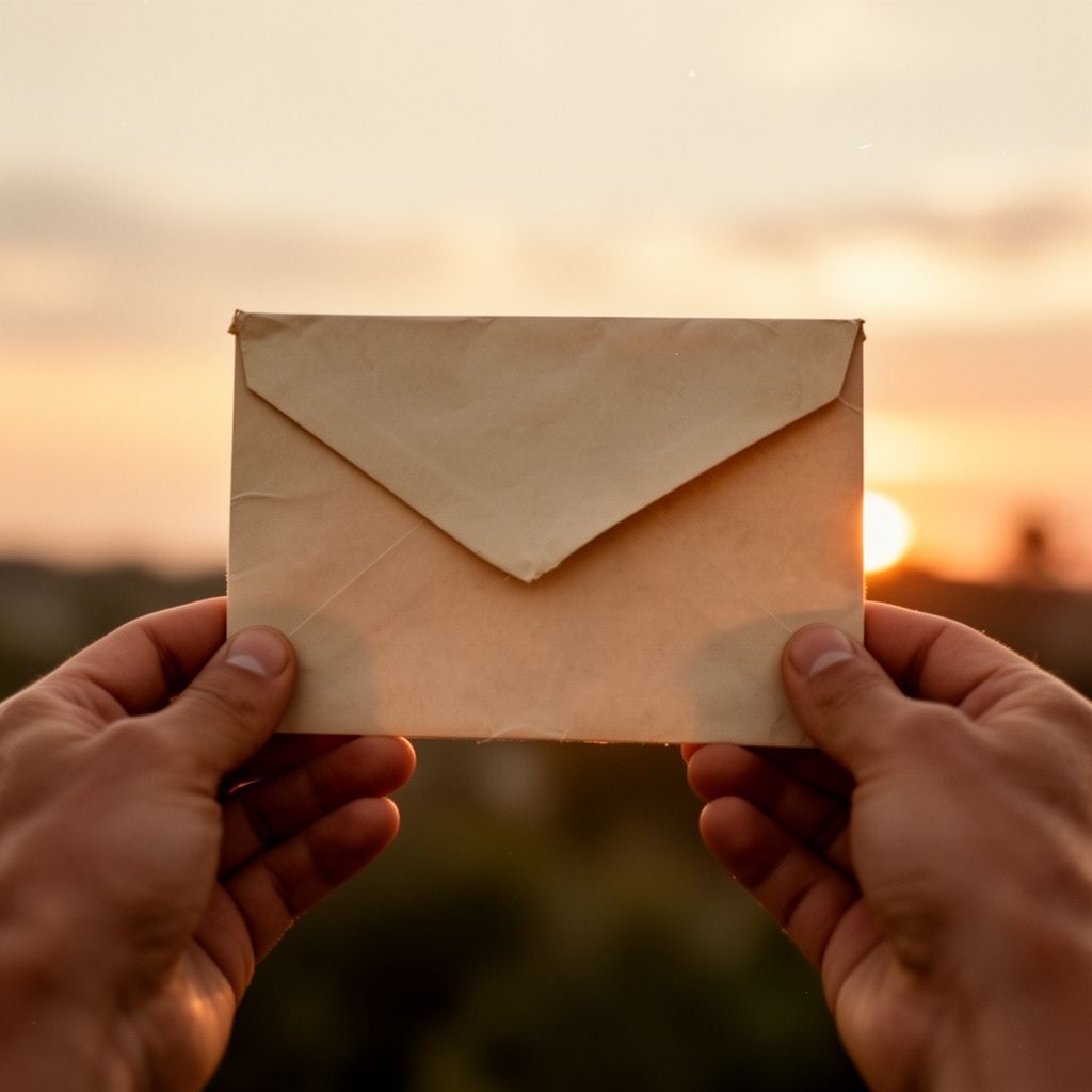 Hands holding a sealed envelope against a sunset background