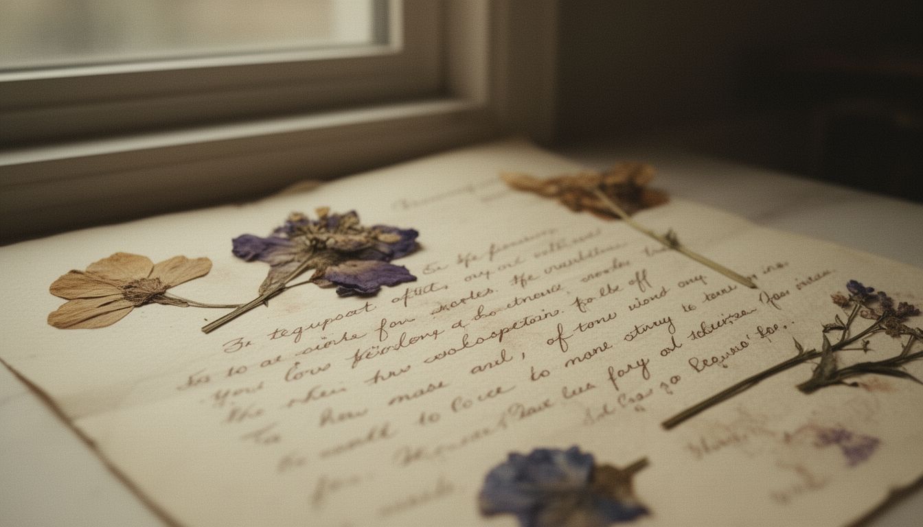 A handwritten love letter on aged paper with dried flowers