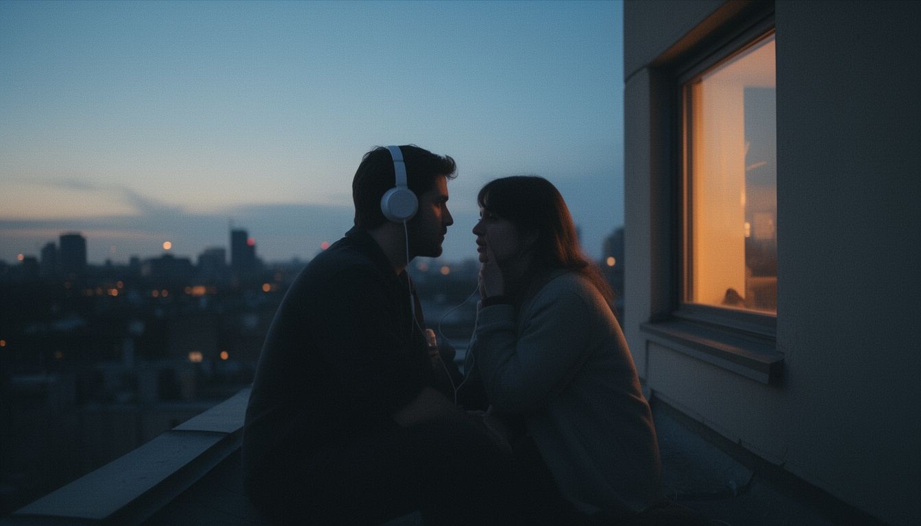 Two people sitting close together on a rooftop at dusk, sharing headphones