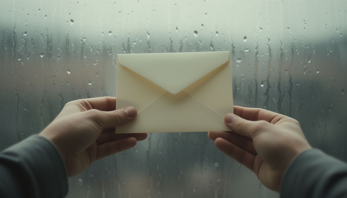 Hands holding an sealed envelope against a window with raindrops