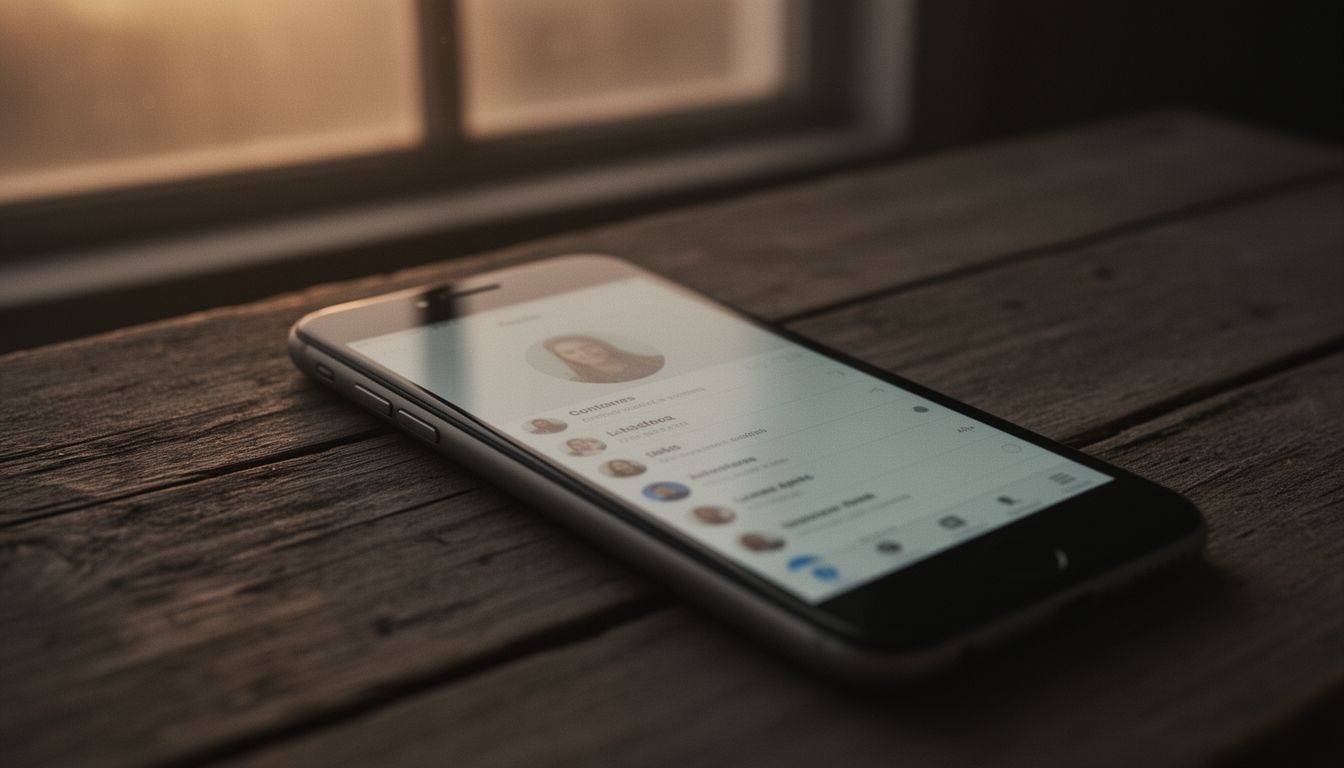 A smartphone screen showing a contact list with one name highlighted, sitting on a wooden table in soft evening light