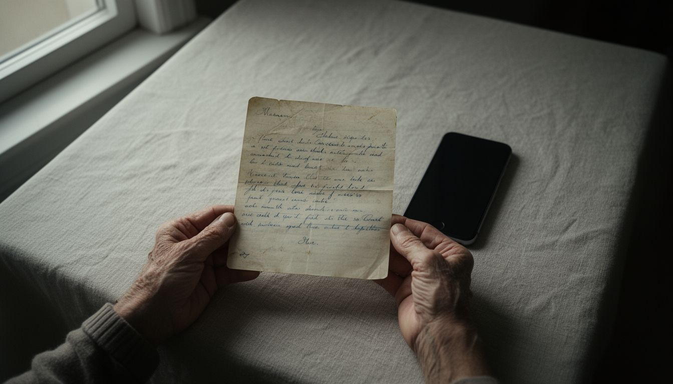 Hands holding an old handwritten letter next to a modern smartphone, natural window light, contrast between paper texture and glass screen