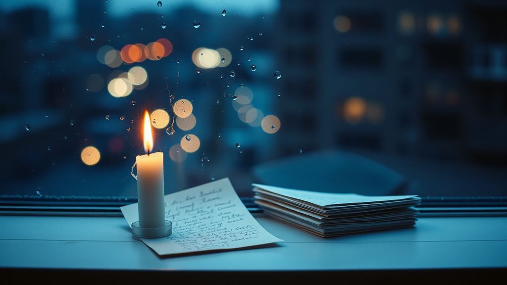 A single lit candle on a windowsill at dusk, with handwritten letters stacked nearby and rain visible on the glass