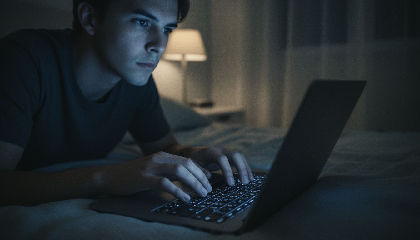 A person typing on a laptop in a dimly lit room with light from the screen illuminating their face