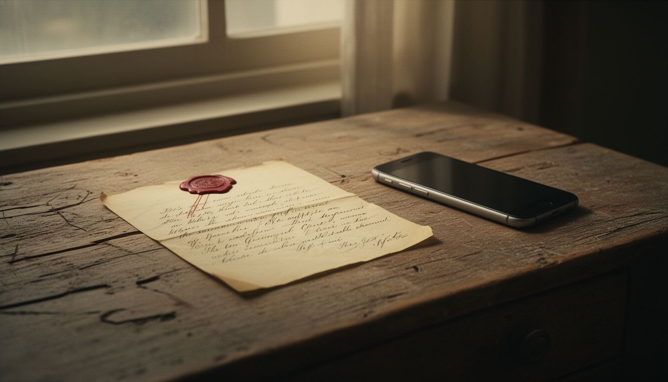 An old handwritten letter with a wax seal next to a modern smartphone on a wooden desk