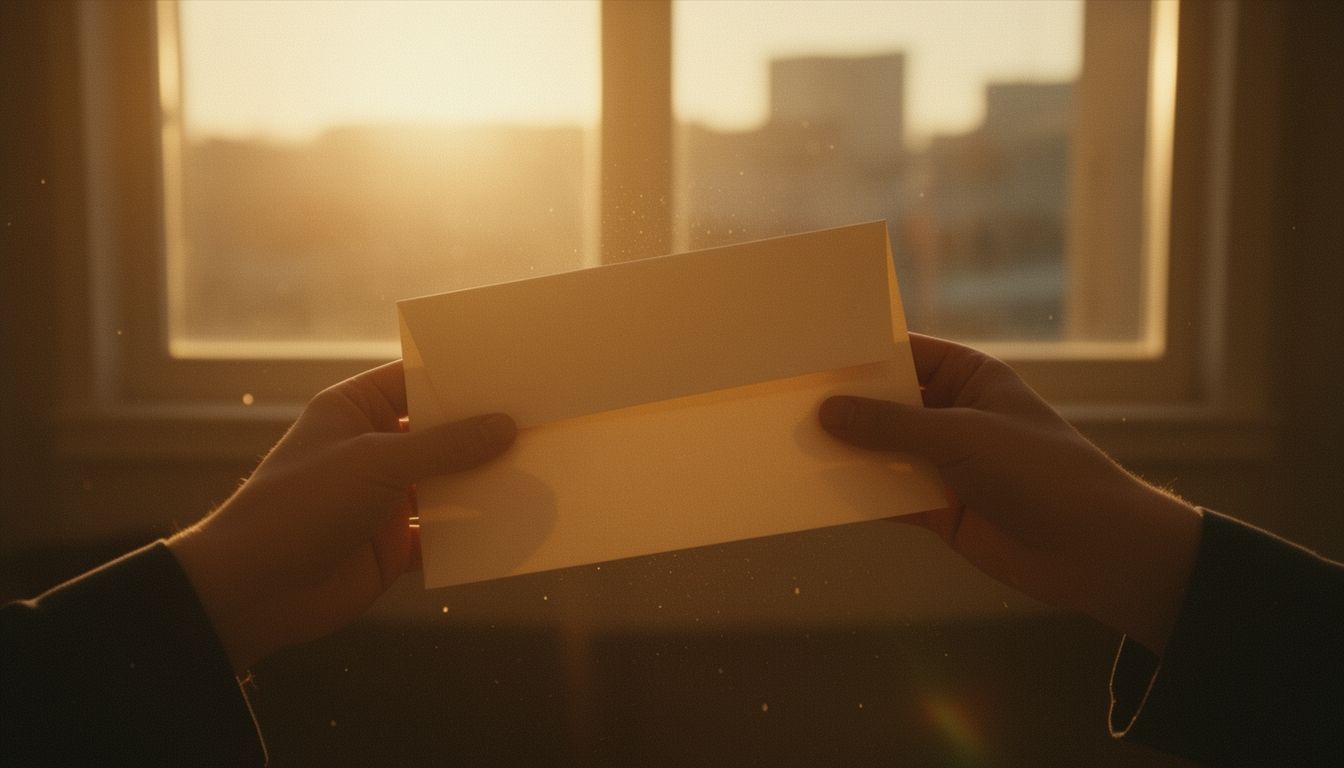 Hands holding a sealed envelope against a backdrop of sunset light through a window