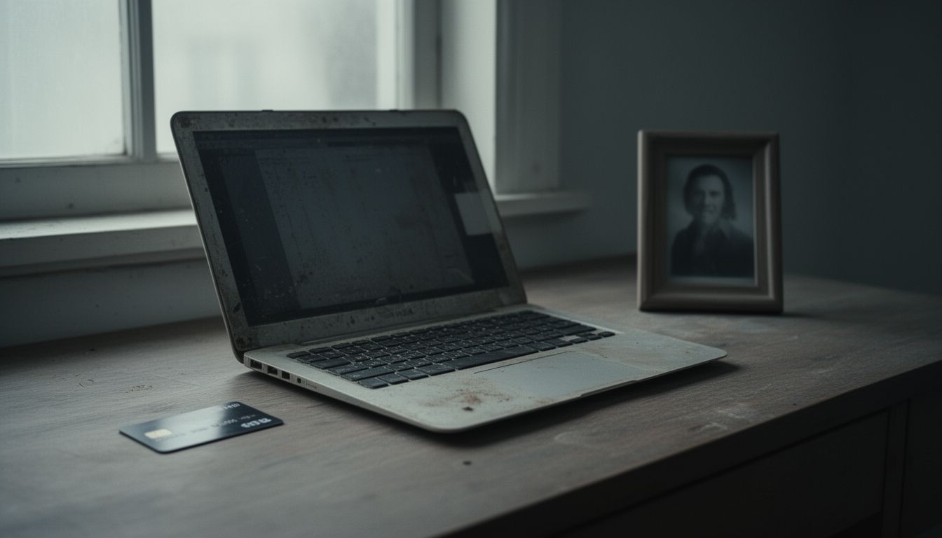 An old laptop on a desk with a credit card and a framed photograph