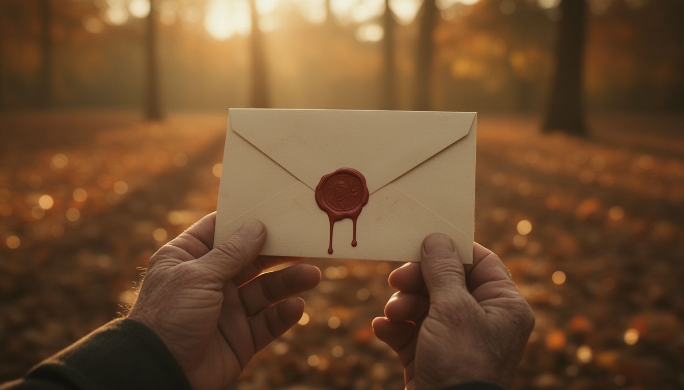 Hands holding an envelope with a wax seal against a blurred natural background