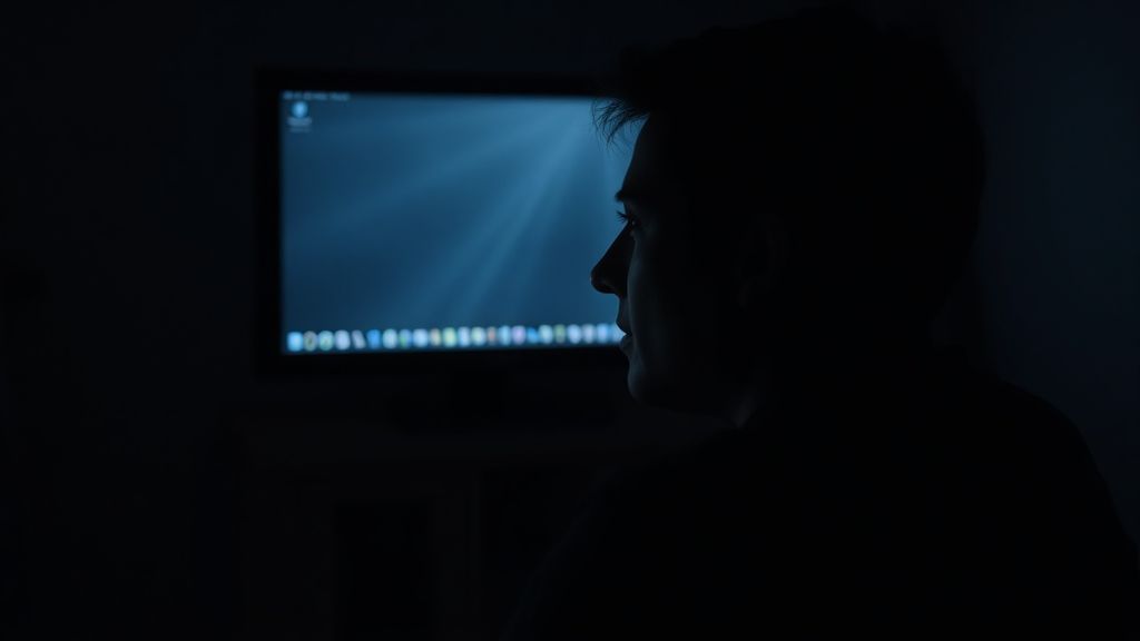 A person staring at their reflection in a dark computer screen