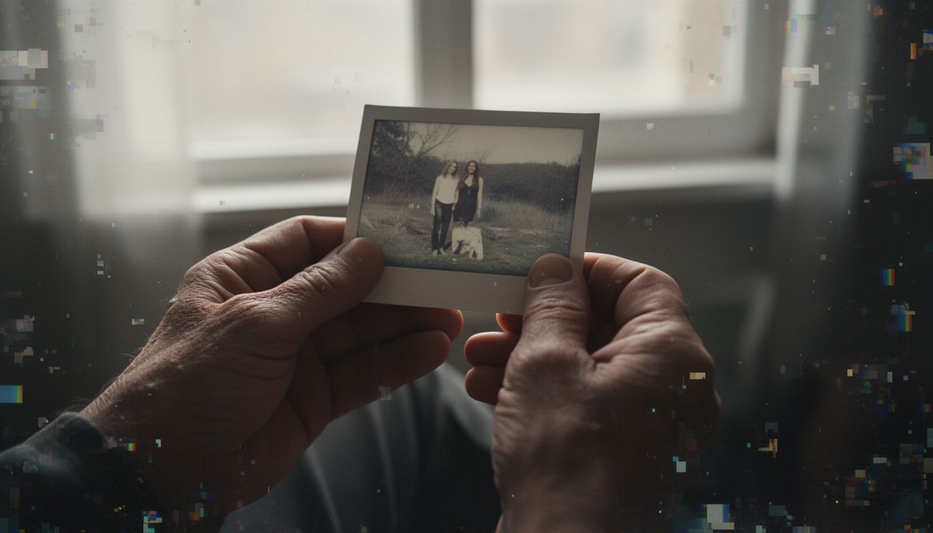 Hands holding an old photograph with digital glitch effects emerging from the edges