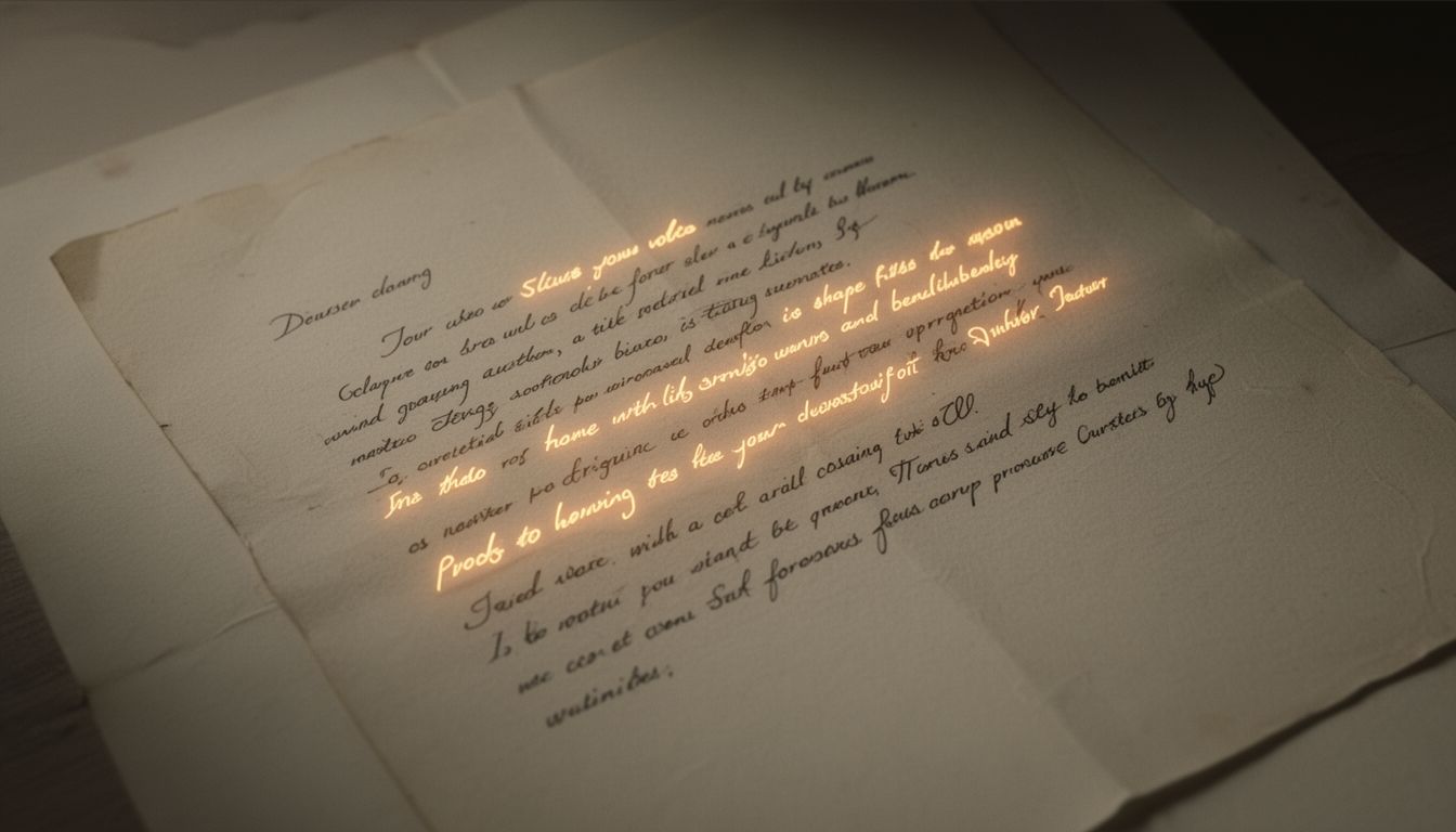 A handwritten letter on aged paper with soft digital light emanating from the text