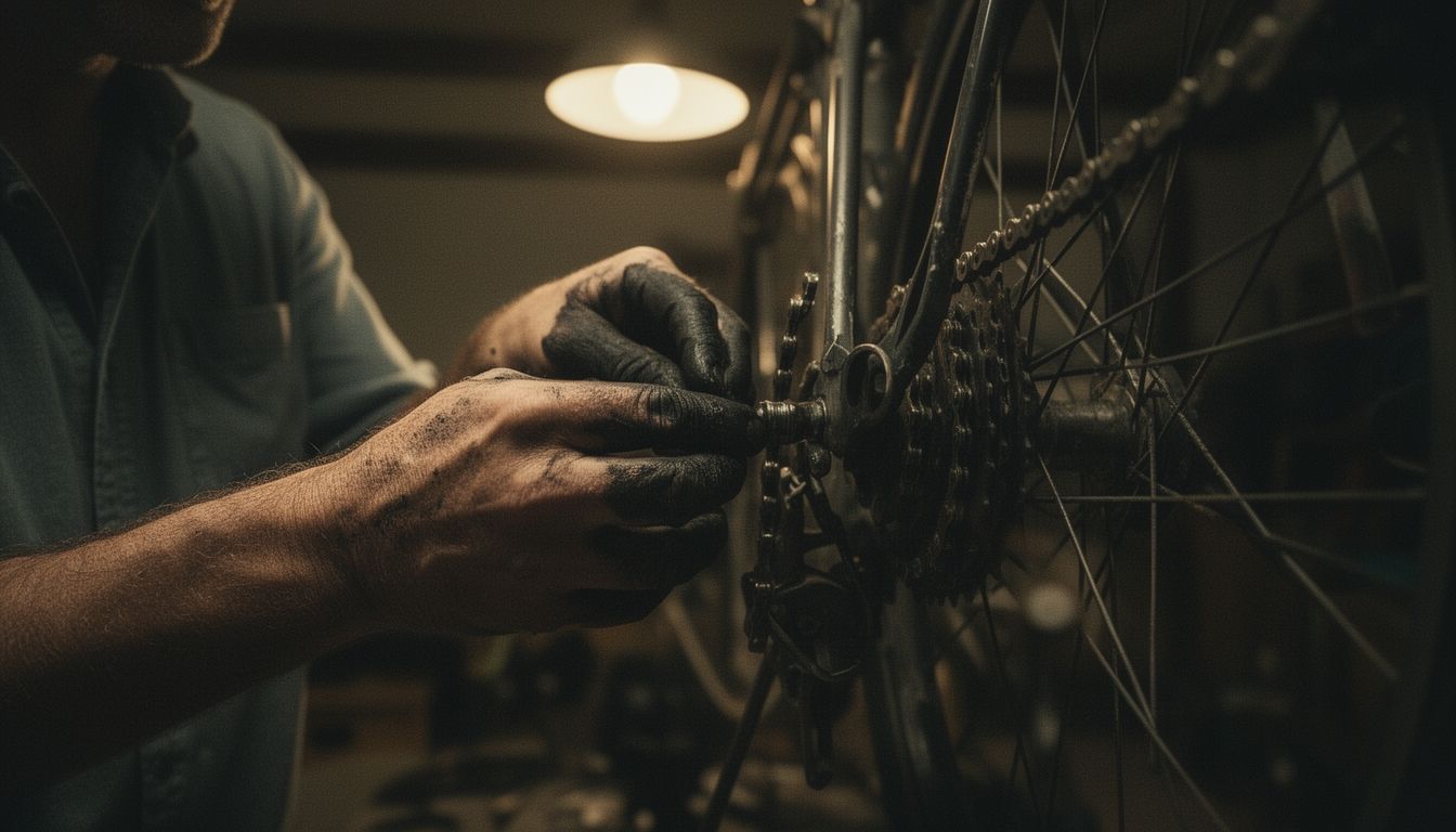 A father's grease-stained hands working on a bicycle chain under dim garage lighting
