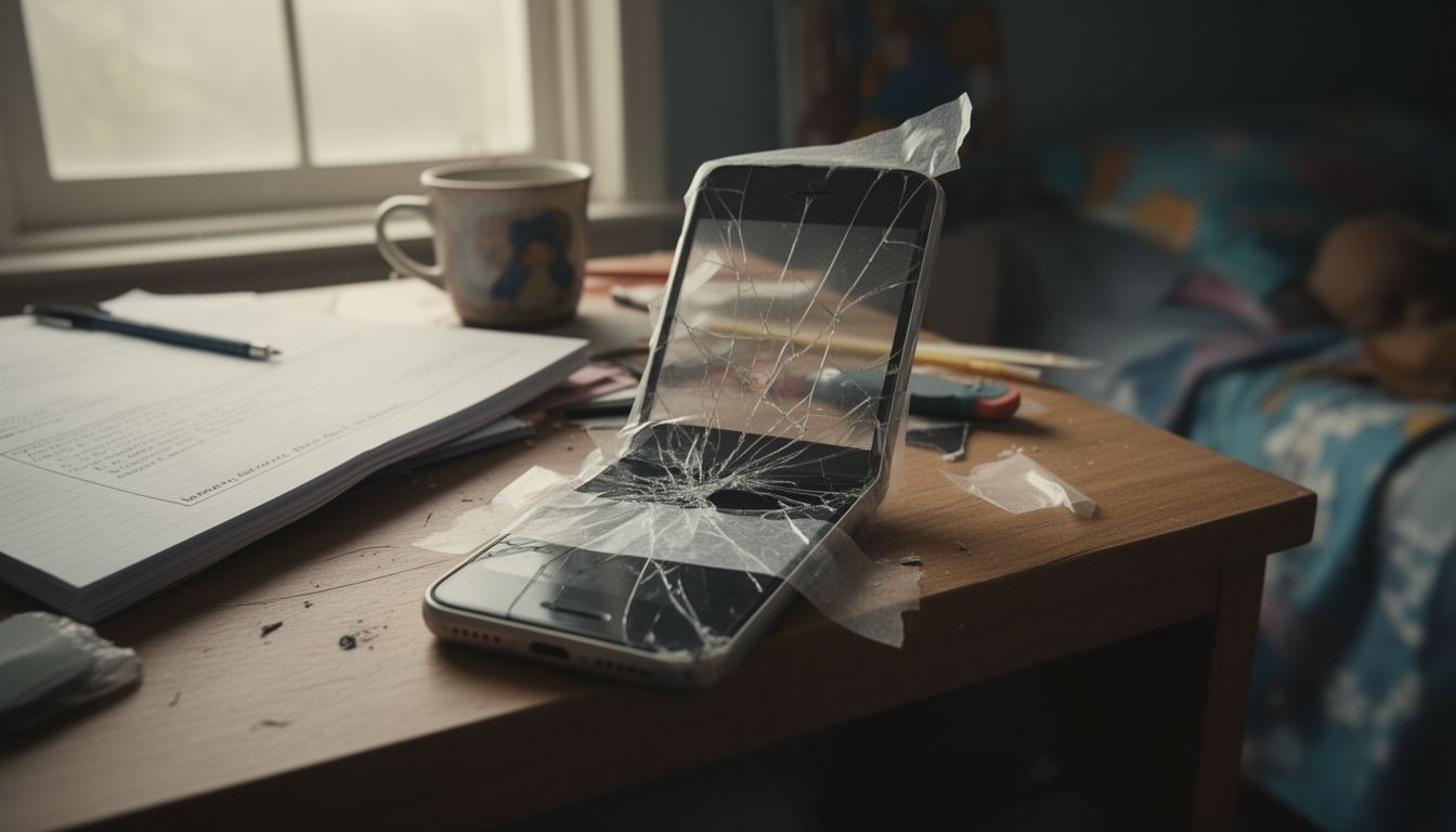 A teenager's cracked phone screen with visible packing tape repair, sitting on a bedroom desk