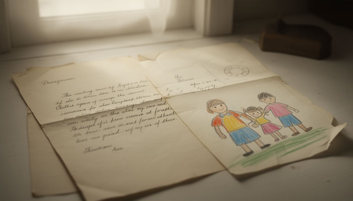 An open handwritten letter on aged paper with a child's drawing visible beside it, soft morning light