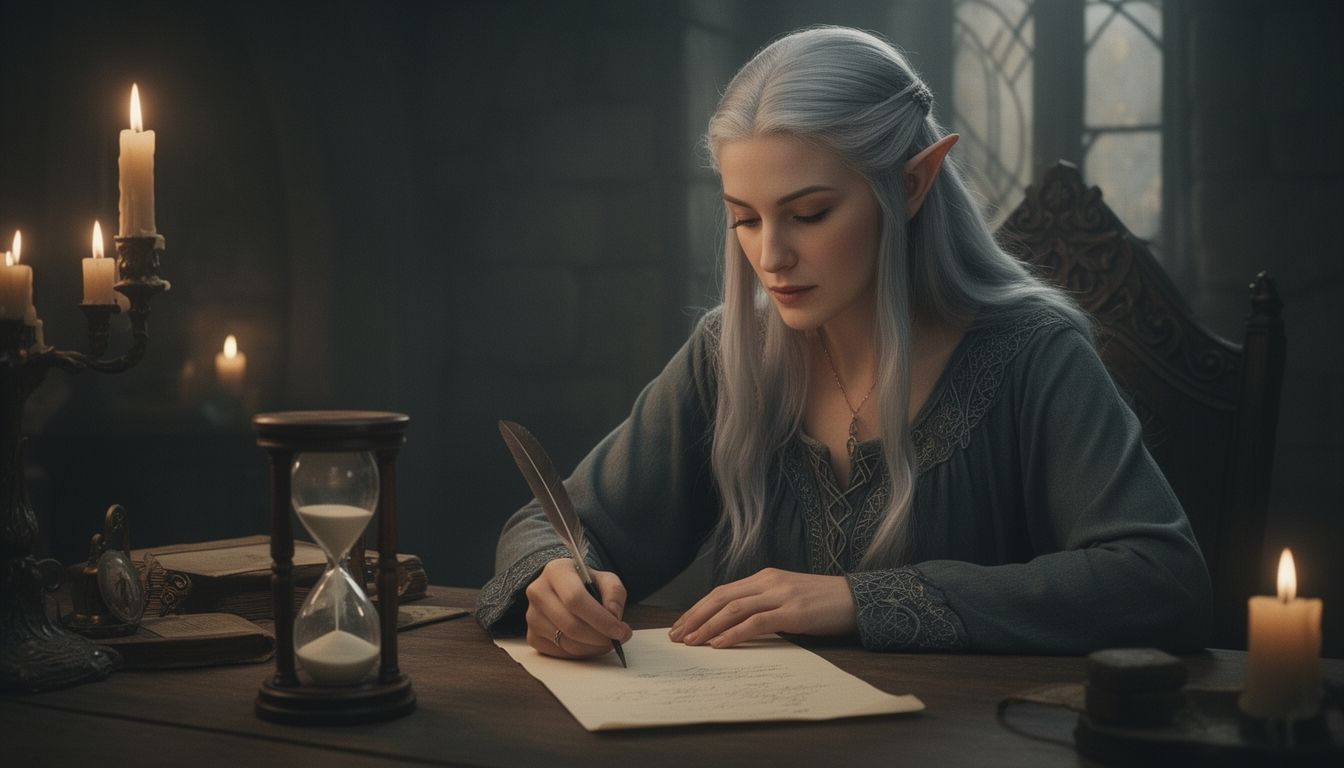 A woman writing by candlelight with an hourglass nearby