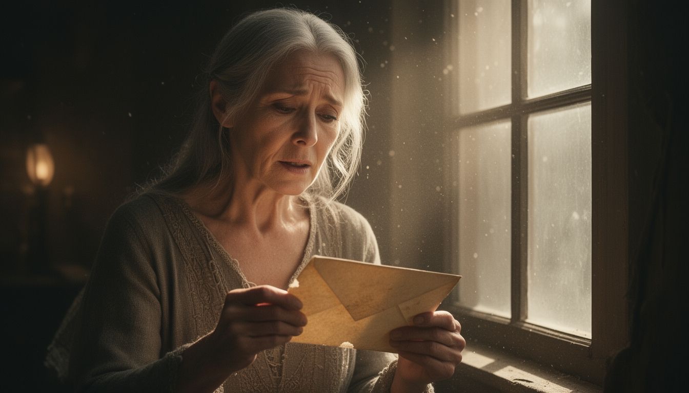 An older woman opening a weathered envelope in a sunlit room
