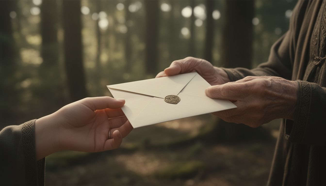 Two hands of different generations holding a sealed letter together