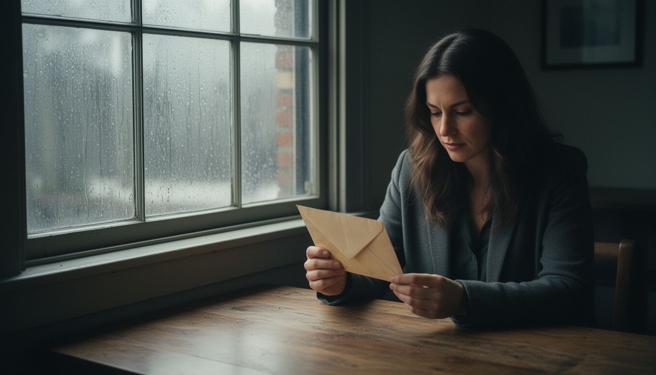 A person sitting alone at a desk opening an old envelope