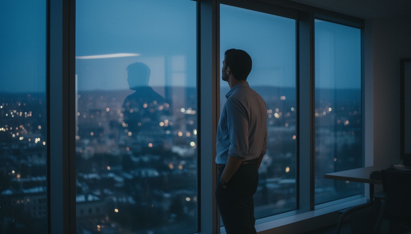 A person staring out a high-rise office window at dusk, reflection visible in the glass