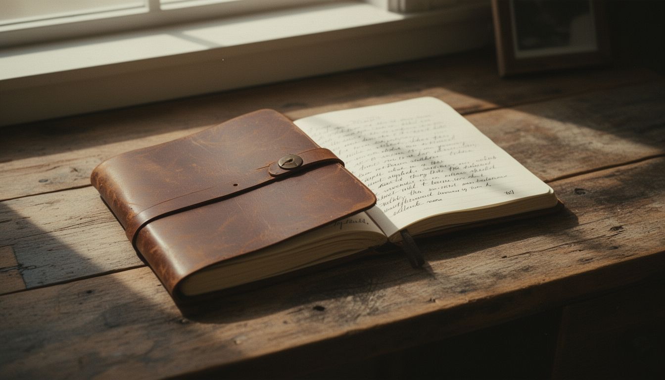 A weathered leather journal open on a wooden desk with handwritten pages visible