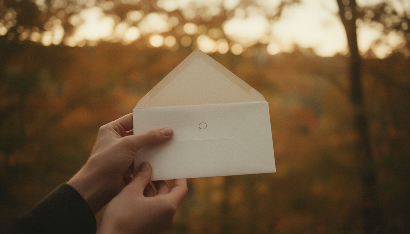 Hands holding an envelope against a blurred background of autumn leaves