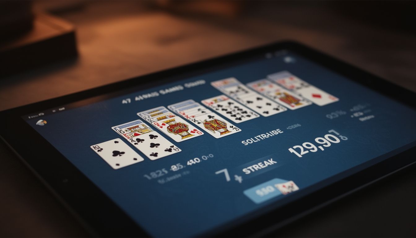 A tablet screen showing solitaire game statistics and streak numbers in soft focus