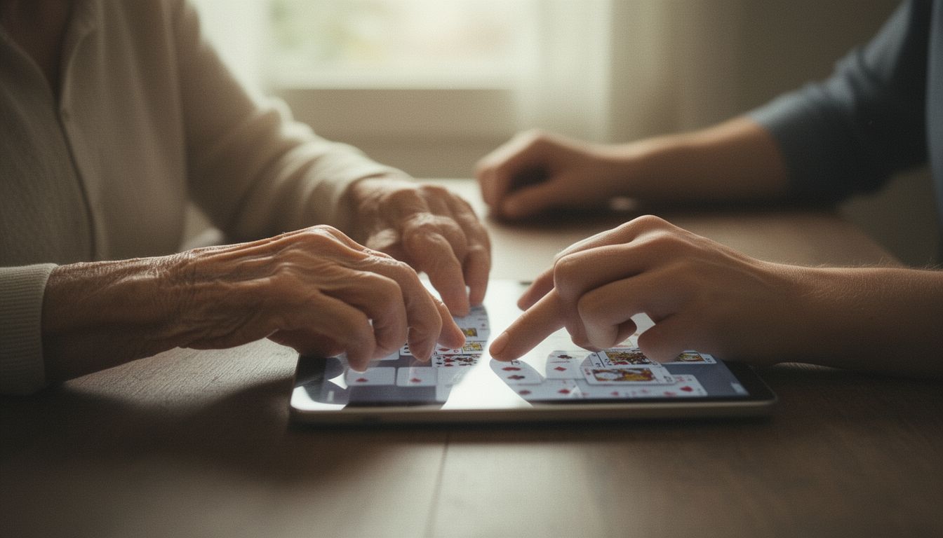 Two hands of different generations both touching a tablet screen together
