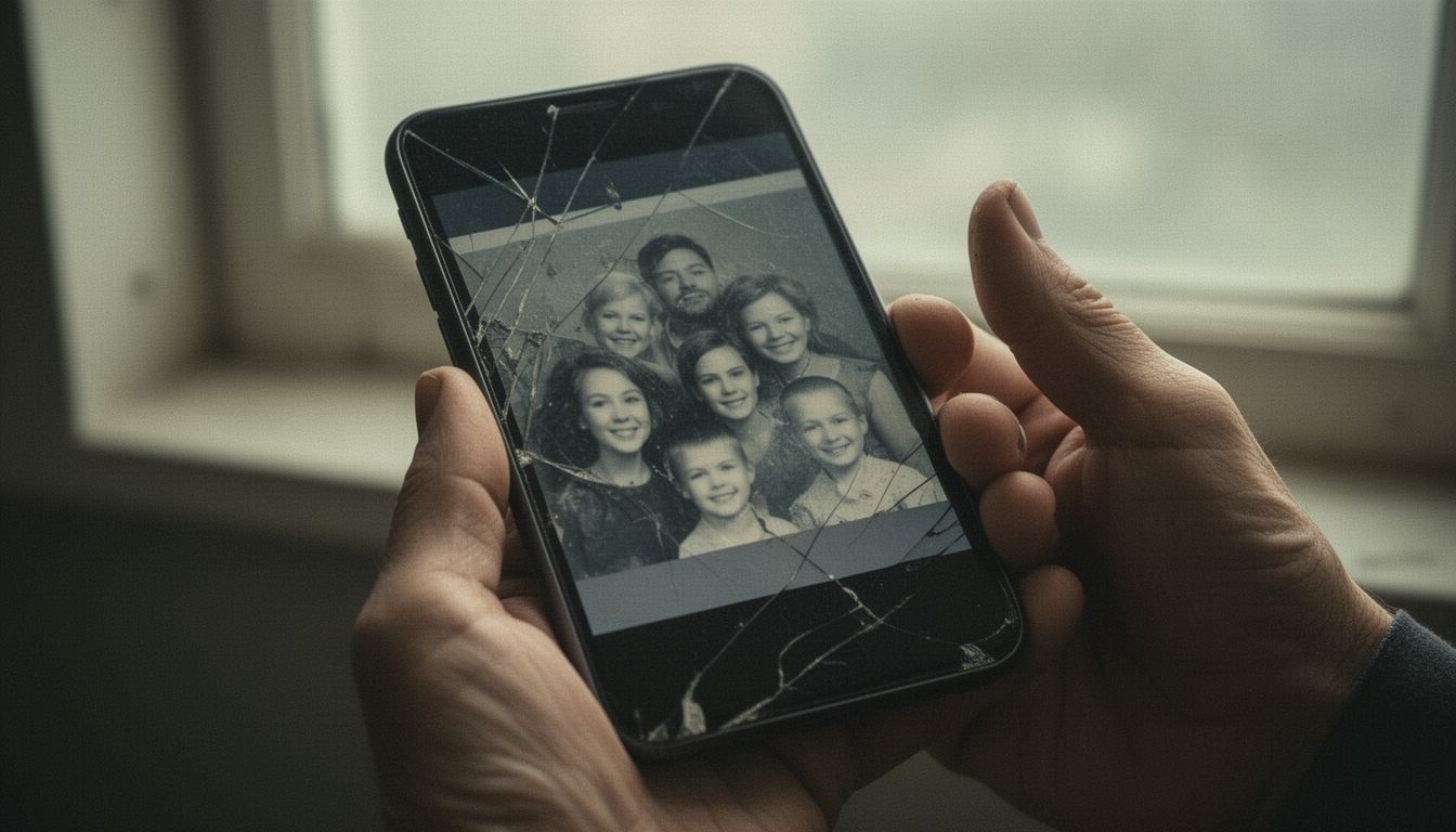 Hands holding an old smartphone with cracked screen displaying family photos