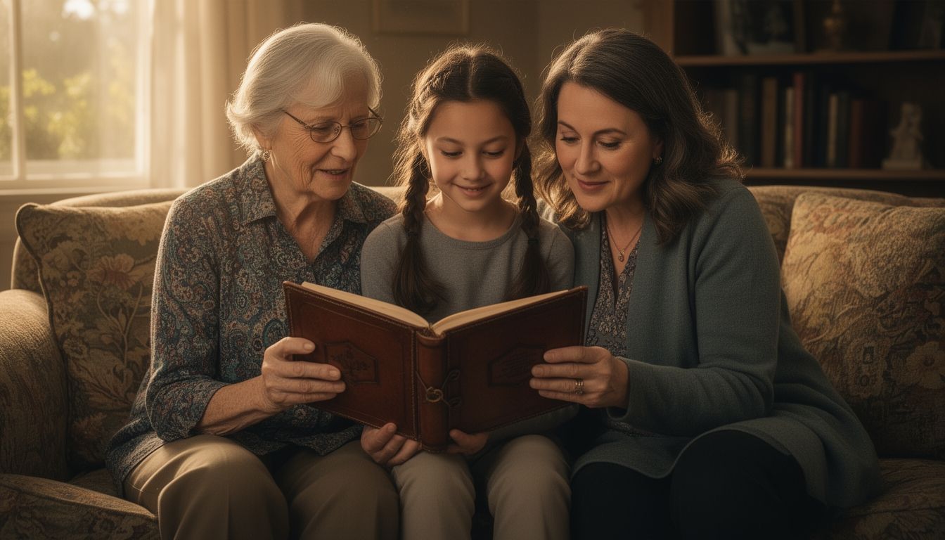 Three generations of women looking through a handmade memory book together
