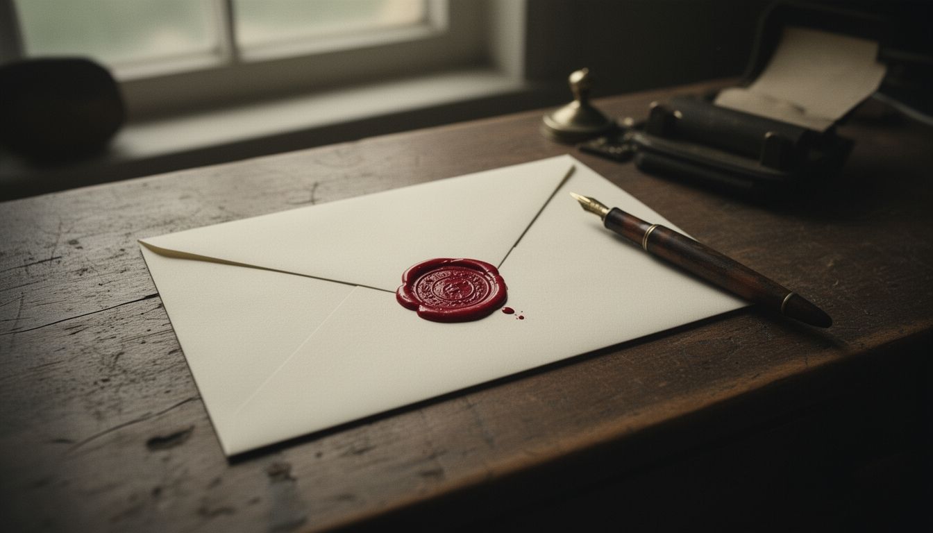 Sealed envelope with wax stamp on wooden desk next to vintage fountain pen