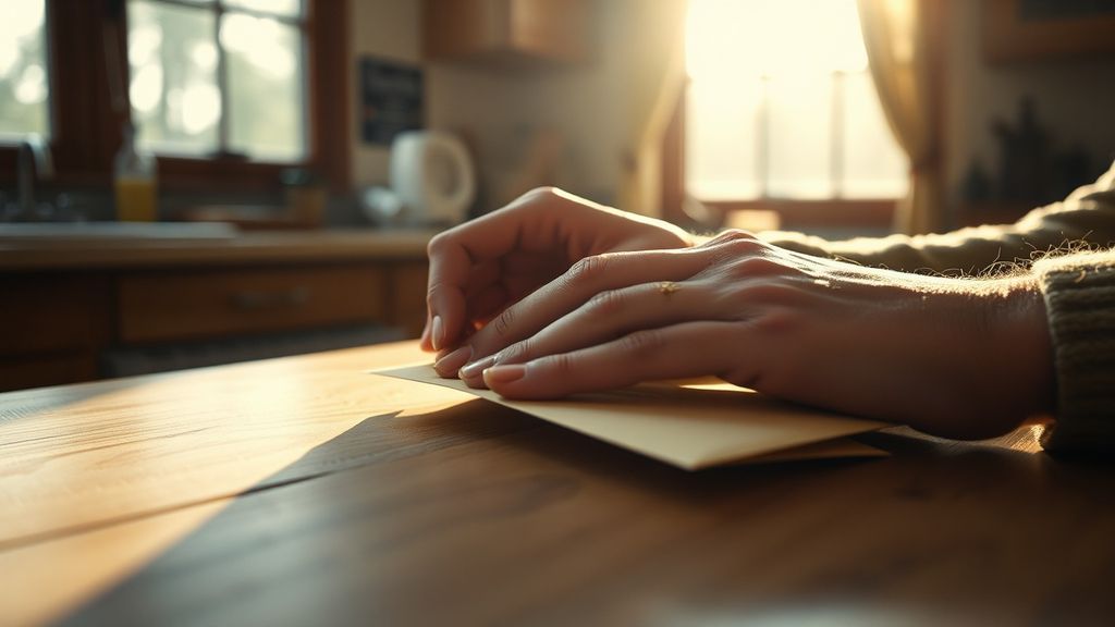 Hands sealing an envelope in warm afternoon kitchen light