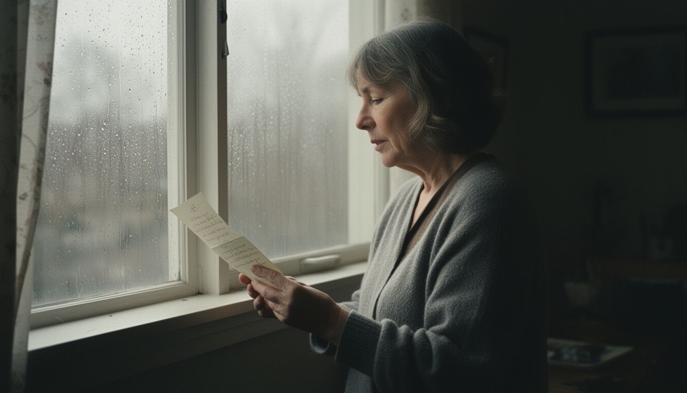 Person reading old handwritten letter by window with emotional expression