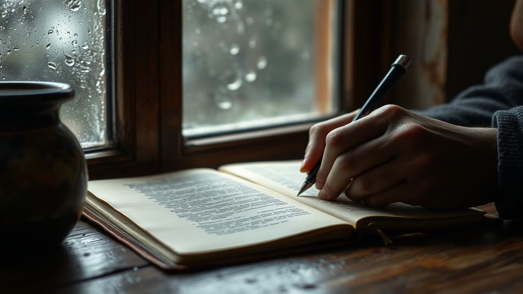 A person writing by hand in a leather journal near a rain-streaked window