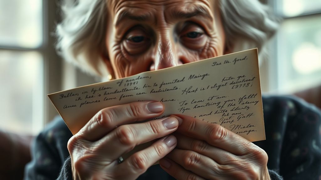 An elderly woman holding yellowed handwritten letters with tears in her eyes