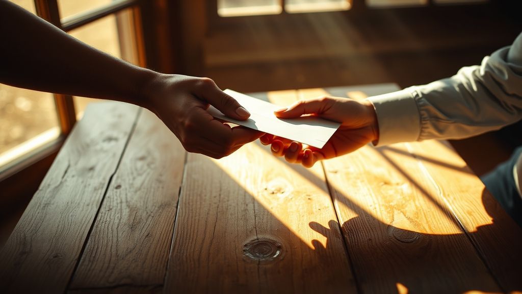 Two hands exchanging a sealed envelope across a wooden table, warm afternoon light