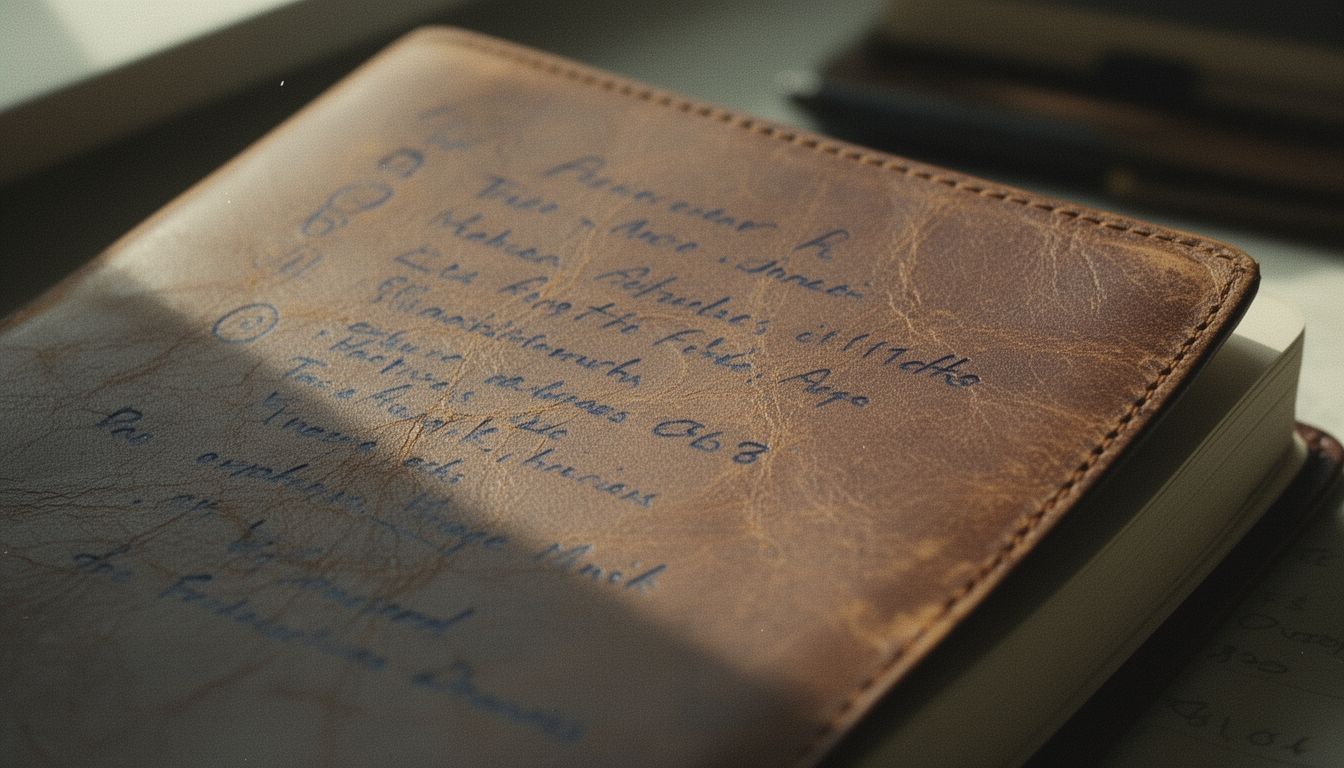 A weathered leather day planner open to handwritten predictions