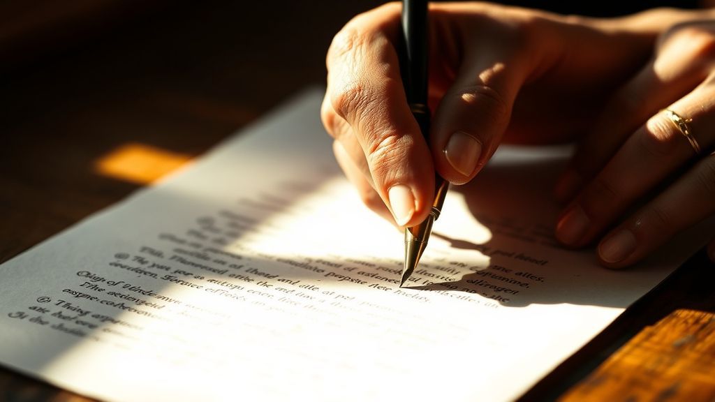 Hands writing a letter with visible hesitation and care