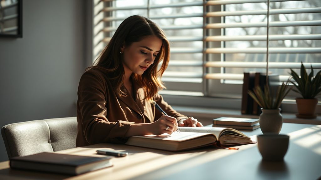 A professional woman writing in a leather journal at a window desk