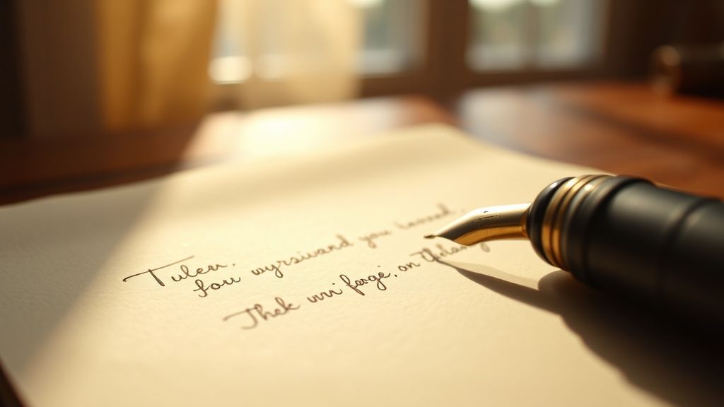 A handwritten letter on aged paper with a vintage fountain pen
